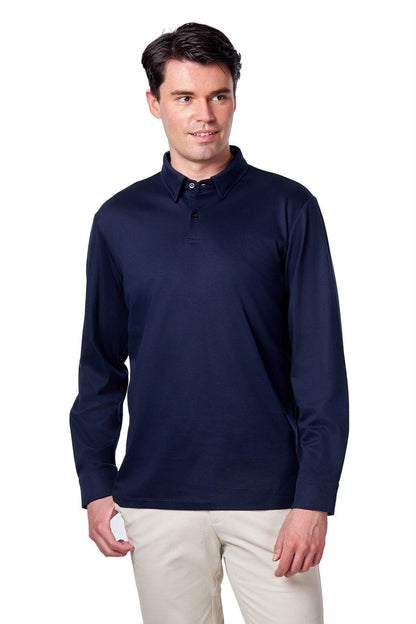 Mercerised Cotton Navy Polo Shirt Long Sleeve