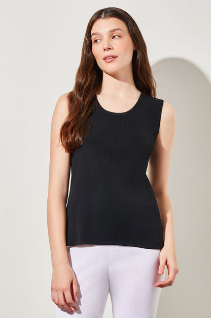 Mid-Length Scoop Neck Knit Tank, Black | Ming Wang