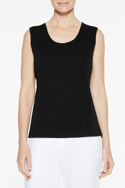 Mid-Length Scoop Neck Knit Tank, Black | Ming Wang