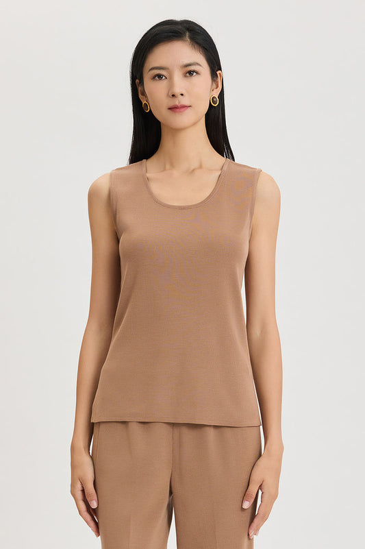 Mid-Length Scoop Neck Knit Tank, Warm Taupe, Warm Taupe | Ming Wang