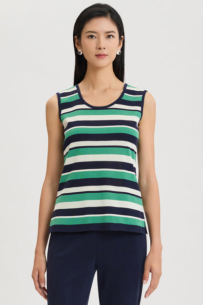 Mid-Length Stripe Scoop Neck Knit Tank, Indigo/Kelly Green/Ivory | Ming Wang