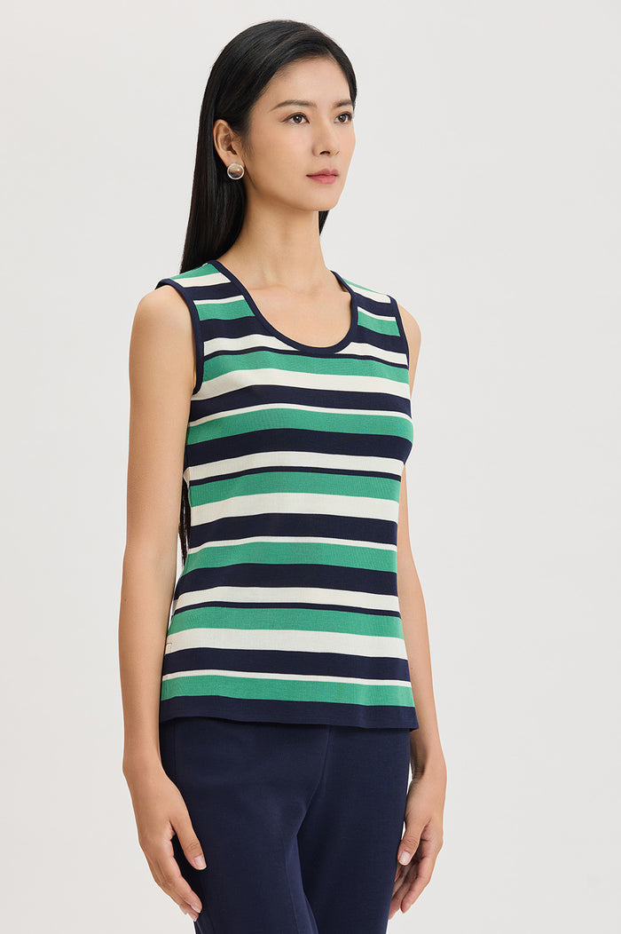 Mid-Length Stripe Scoop Neck Knit Tank, Indigo/Kelly Green/Ivory | Ming Wang