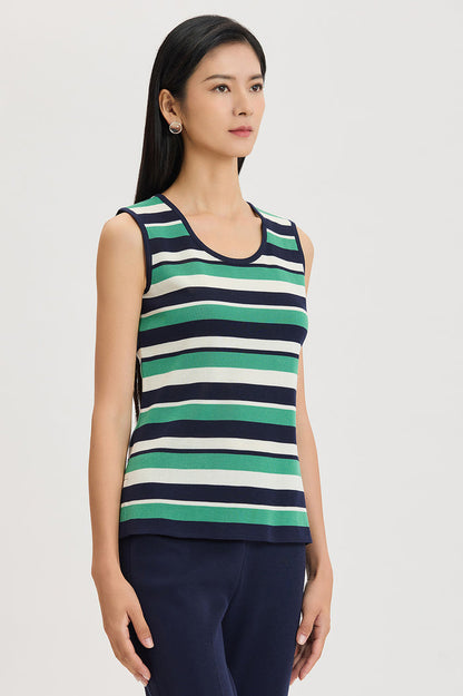 Mid-Length Stripe Scoop Neck Knit Tank, Indigo/Kelly Green/Ivory | Ming Wang