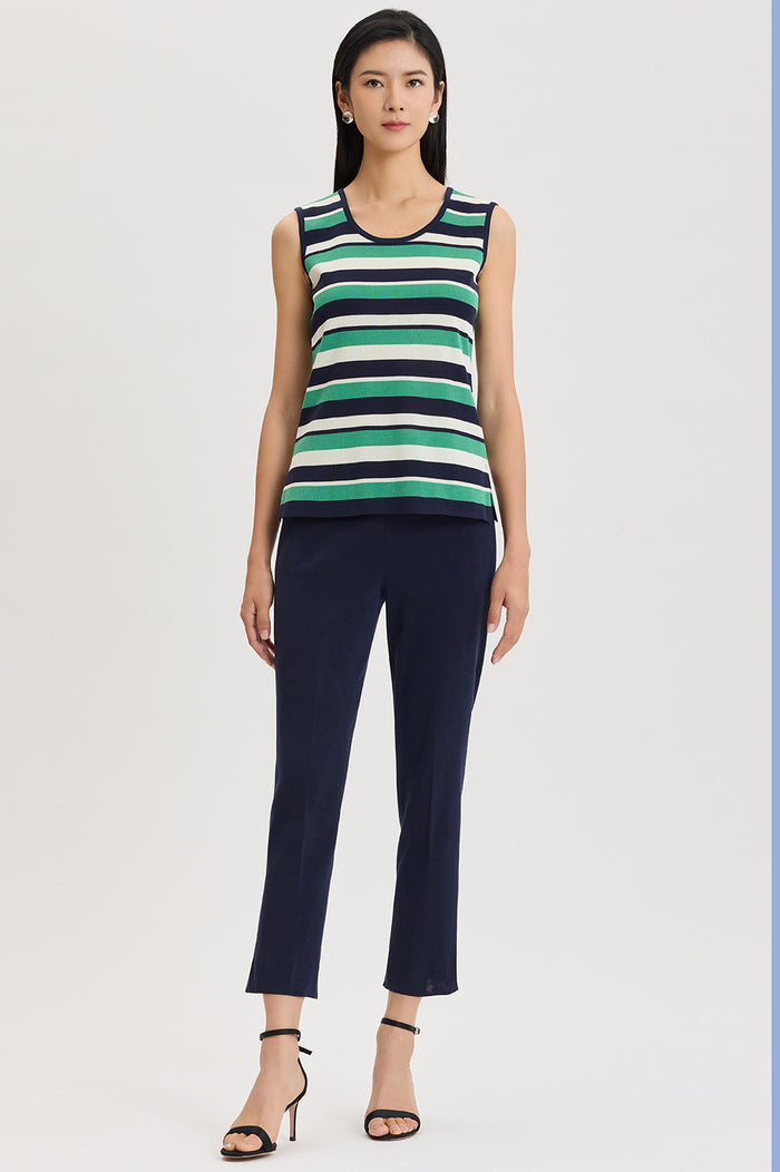 Mid-Length Stripe Scoop Neck Knit Tank, Indigo/Kelly Green/Ivory | Ming Wang