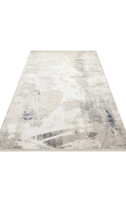 Grey, beige, and white abstract area rug with distressed brushstroke patterns on a white background.