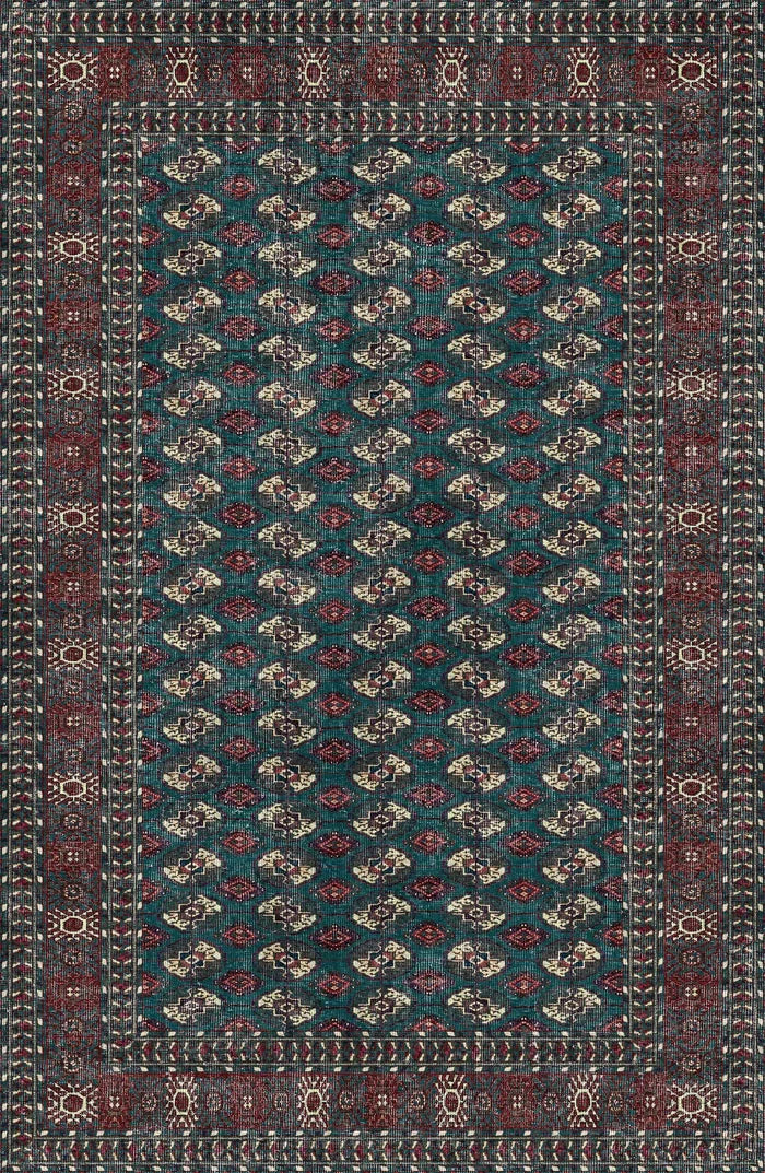 The Midnight Tribal - Washable Rug - JRN1034 showcases a rectangular teal and dark red design with central geometric motifs and intricate diamond and floral borders—perfect for high-traffic areas.