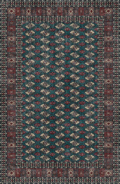 The Midnight Tribal - Washable Rug - JRN1034 showcases a rectangular teal and dark red design with central geometric motifs and intricate diamond and floral borders—perfect for high-traffic areas.