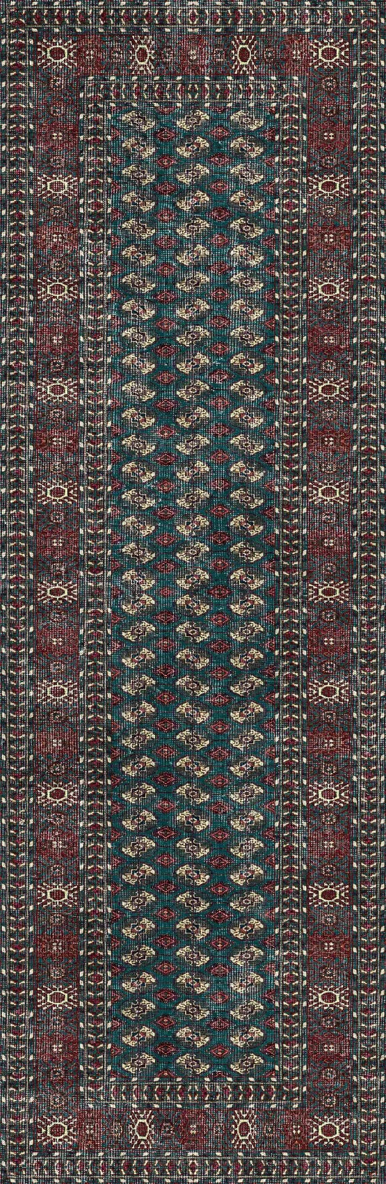 The Midnight Tribal - Washable Rug - JRN1034 features a rectangular design with repeating green, red, and cream geometric patterns and intricate borders—durable and practical for high-traffic areas.