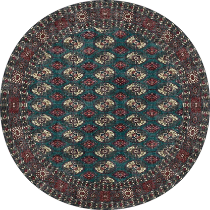 The Midnight Tribal - Washable Rug (JRN1034) is a round rug with intricate geometric diamond patterns in red, teal, and cream, featuring a detailed border and traditional design—perfect for high-traffic areas.