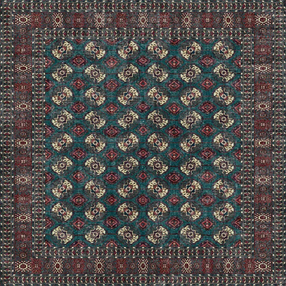 The Midnight Tribal - Washable Rug - JRN1034 is a rectangular Persian-style rug with a teal background, showcasing red, cream, and black geometric floral patterns and ornate borders—ideal for high-traffic areas.