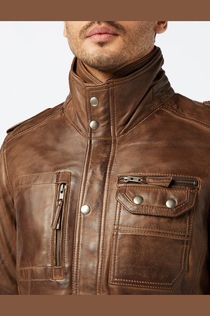 MILITARY STYLE BROWN LEATHER JACKET