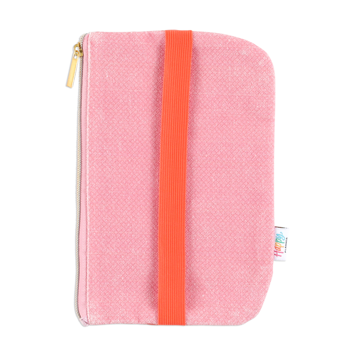 Miss Maker - Classic Banded Pen Pouch in pink fabric with textured pattern, featuring an orange elastic band and gold zipper, designed to hold pens and stationery for Happy Planner users.