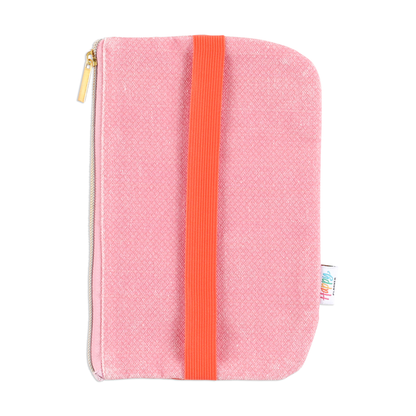 Miss Maker - Classic Banded Pen Pouch in pink fabric with textured pattern, featuring an orange elastic band and gold zipper, designed to hold pens and stationery for Happy Planner users.