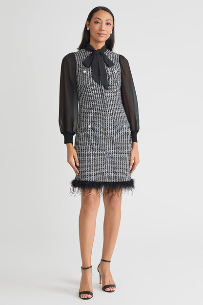 Mixed-Media Tweed Knit Sheath Dress, Black/White | Ming Wang