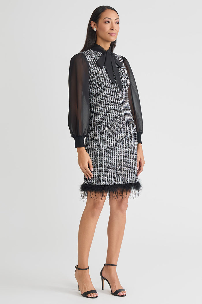 Mixed-Media Tweed Knit Sheath Dress, Black/White | Ming Wang