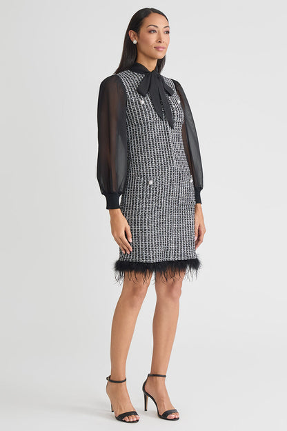 Mixed-Media Tweed Knit Sheath Dress, Black/White | Ming Wang