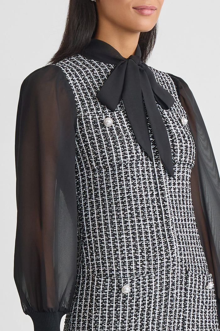 Mixed-Media Tweed Knit Sheath Dress, Black/White | Ming Wang