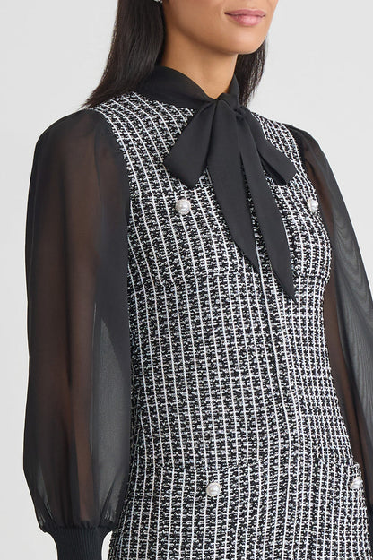 Mixed-Media Tweed Knit Sheath Dress, Black/White | Ming Wang