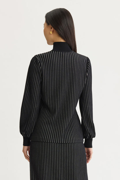 Mock Neck Floral Soft Ribbed Knit Top, Black/Ivory | Ming Wang