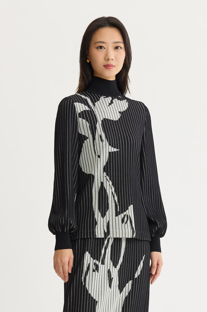 Mock Neck Floral Soft Ribbed Knit Top, Black/Ivory | Ming Wang