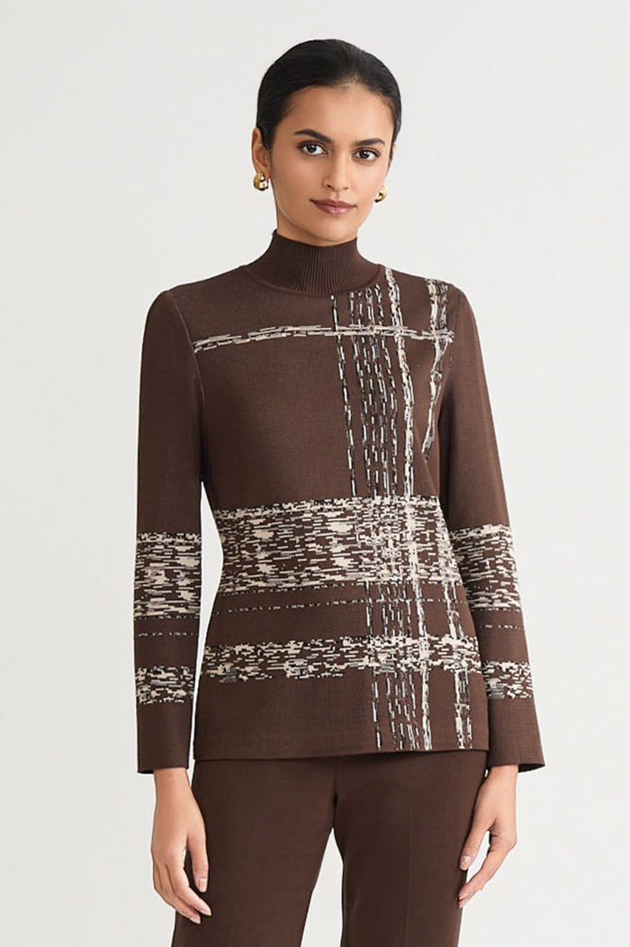 Mock Neck Jacquard Soft Knit Tunic, Dark Umber/Twig/Black/Ivory | Ming Wang
