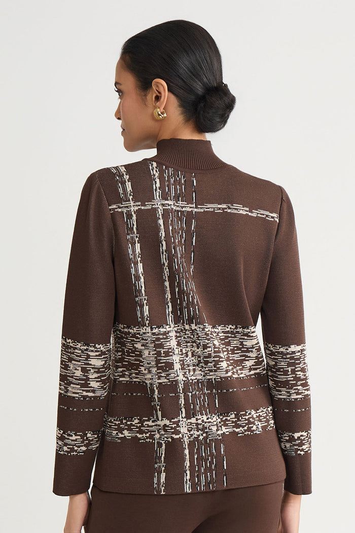 Mock Neck Jacquard Soft Knit Tunic, Dark Umber/Twig/Black/Ivory | Ming Wang