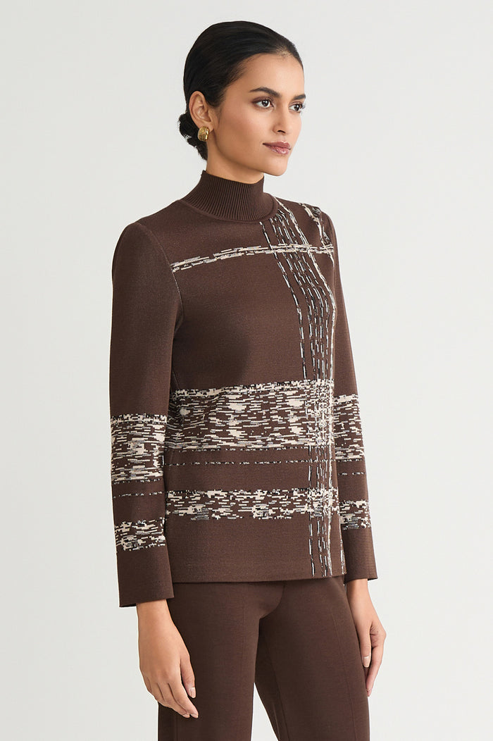 Mock Neck Jacquard Soft Knit Tunic, Dark Umber/Twig/Black/Ivory | Ming Wang