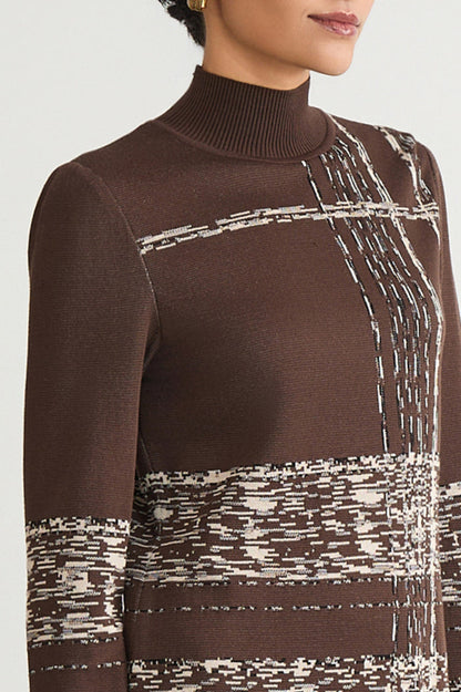 Mock Neck Jacquard Soft Knit Tunic, Dark Umber/Twig/Black/Ivory | Ming Wang