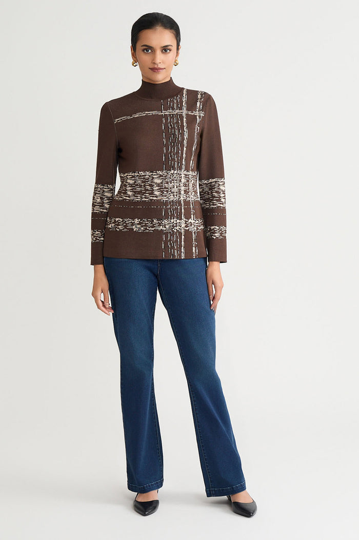 Mock Neck Jacquard Soft Knit Tunic, Dark Umber/Twig/Black/Ivory | Ming Wang