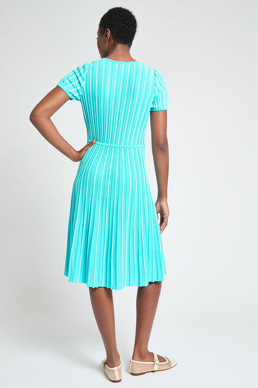 Modern Fit Jewel Neck Striped Flare Soft Knit Dress, Calypso Blue/White | Ming Wang