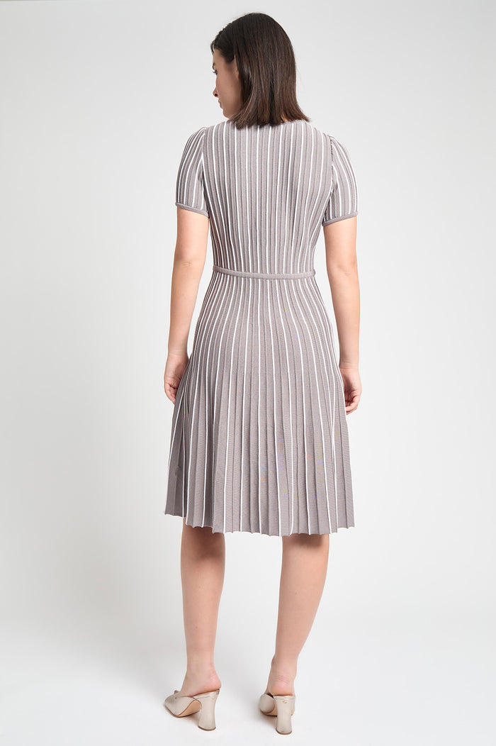 Modern Fit Jewel Neck Striped Flare Soft Knit Dress, Mink/White | Ming Wang