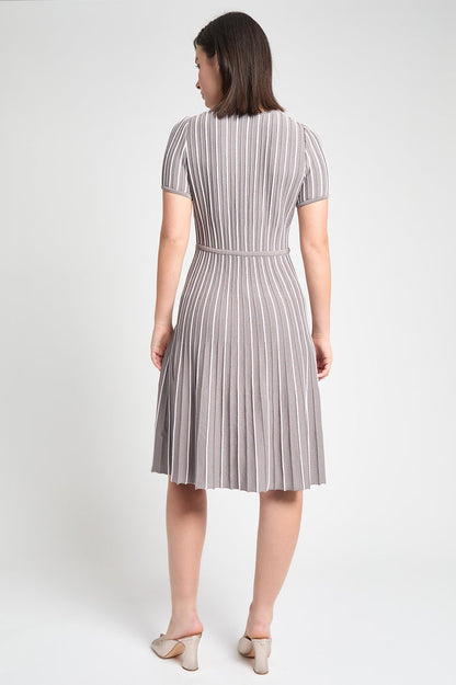 Modern Fit Jewel Neck Striped Flare Soft Knit Dress, Mink/White | Ming Wang