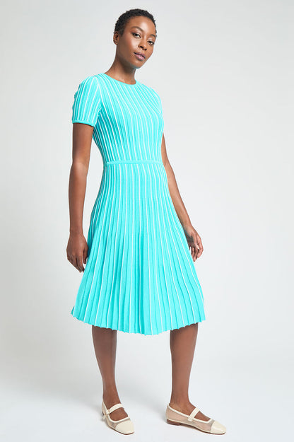 Modern Fit Jewel Neck Striped Flare Soft Knit Dress, Calypso Blue/White | Ming Wang