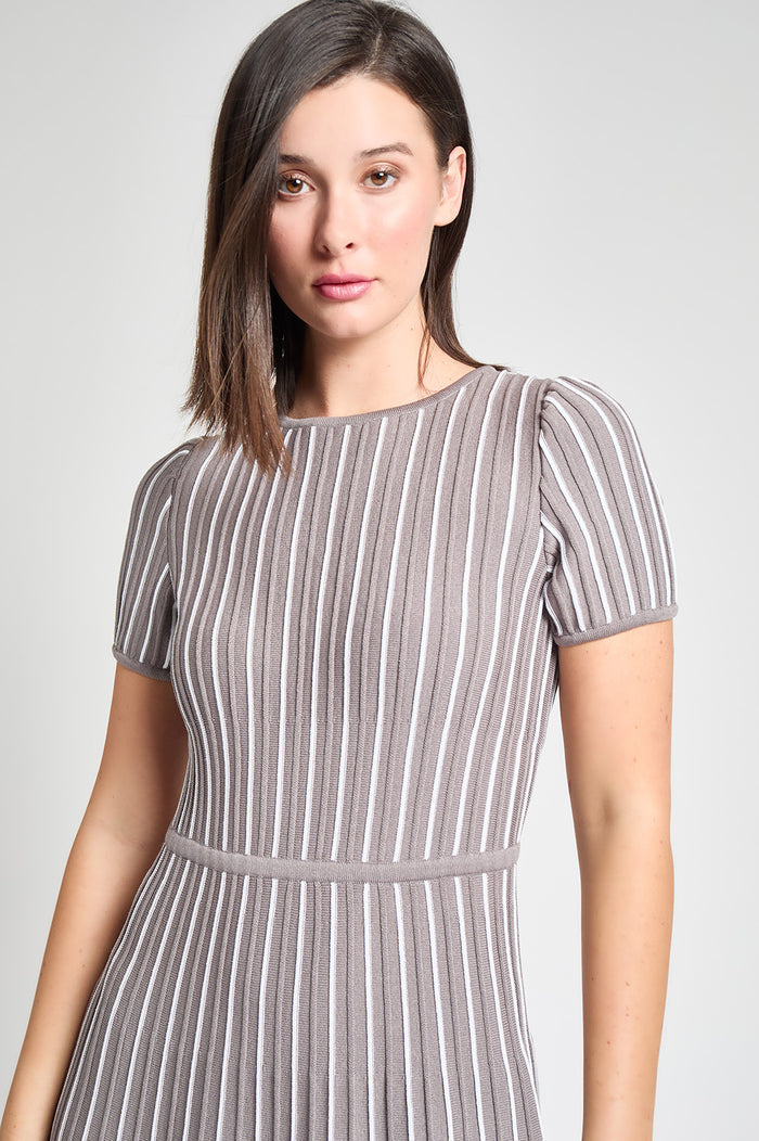 Modern Fit Jewel Neck Striped Flare Soft Knit Dress, Mink/White | Ming Wang