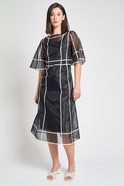 Modern Fit-N-Flare Midi Dress - Contrast Stripe Organza, Black/White | Ming Wang