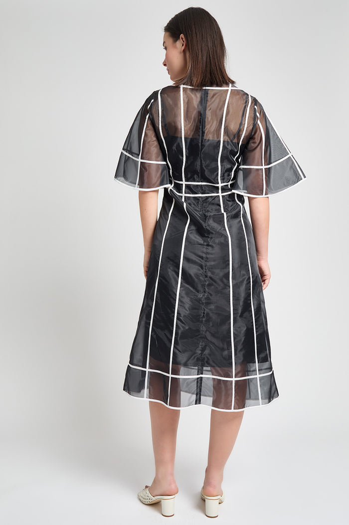 Modern Fit-N-Flare Midi Dress - Contrast Stripe Organza, Black/White | Ming Wang