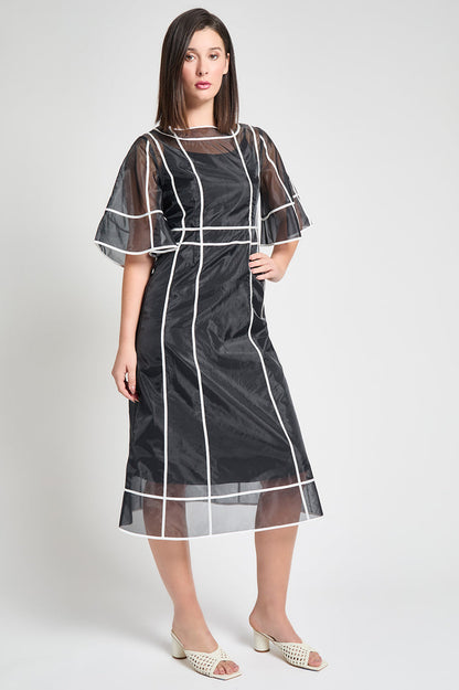 Modern Fit-N-Flare Midi Dress - Contrast Stripe Organza, Black/White | Ming Wang