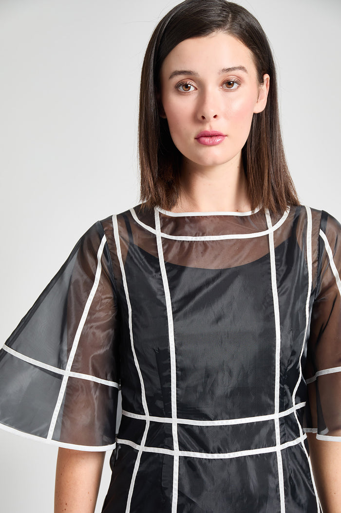 Modern Fit-N-Flare Midi Dress - Contrast Stripe Organza, Black/White | Ming Wang
