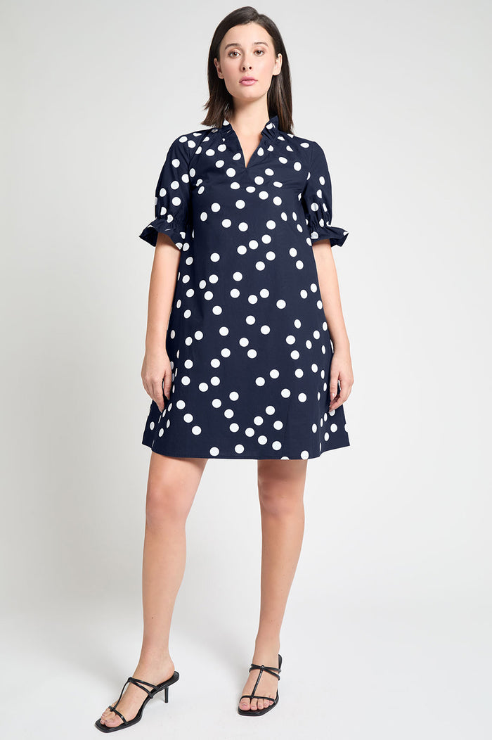 Modern Fit Ruffle Detail Cotton Poplin Shift Dress, Indigo | Ming Wang