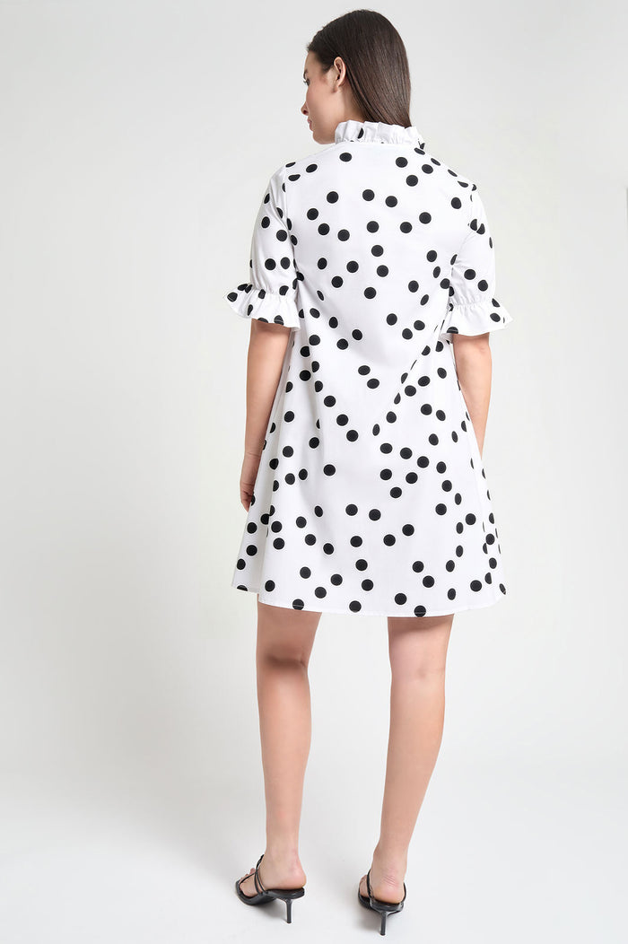 Modern Fit Ruffle Detail Cotton Poplin Shift Dress, White/Black | Ming Wang