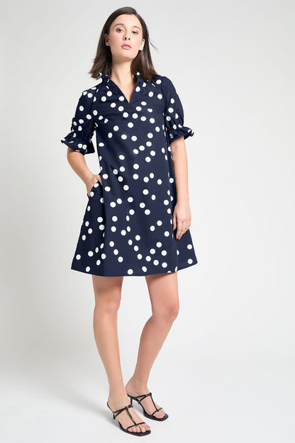 Modern Fit Ruffle Detail Cotton Poplin Shift Dress, Indigo | Ming Wang