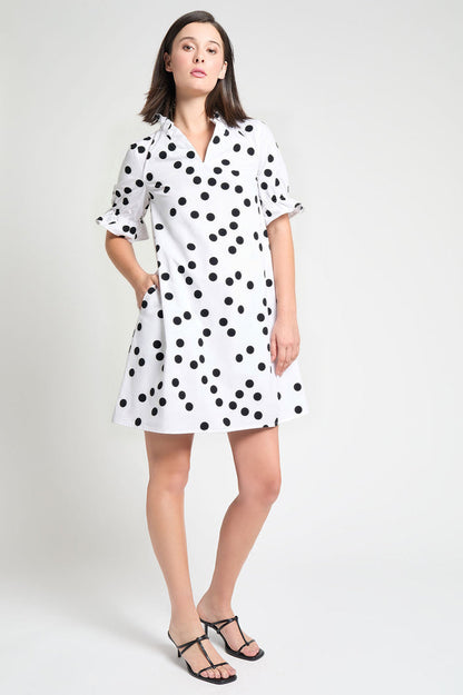 Modern Fit Ruffle Detail Cotton Poplin Shift Dress, White/Black | Ming Wang