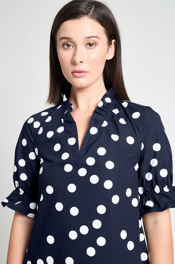 Modern Fit Ruffle Detail Cotton Poplin Shift Dress, Indigo | Ming Wang