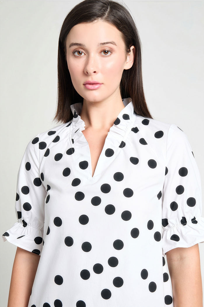 Modern Fit Ruffle Detail Cotton Poplin Shift Dress, White/Black | Ming Wang