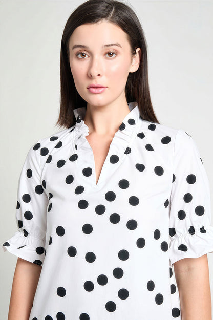 Modern Fit Ruffle Detail Cotton Poplin Shift Dress, White/Black | Ming Wang