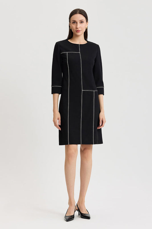 Monochrome Grid Stitch Stretch Deco Crepe Dress, Black/White | Ming Wang