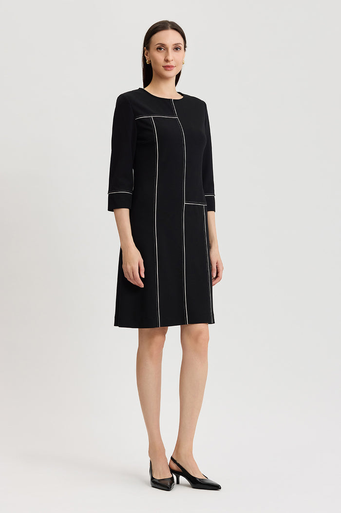 Monochrome Grid Stitch Stretch Deco Crepe Dress, Black/White | Ming Wang