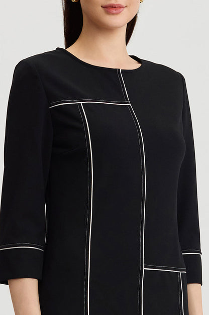 Monochrome Grid Stitch Stretch Deco Crepe Dress, Black/White | Ming Wang