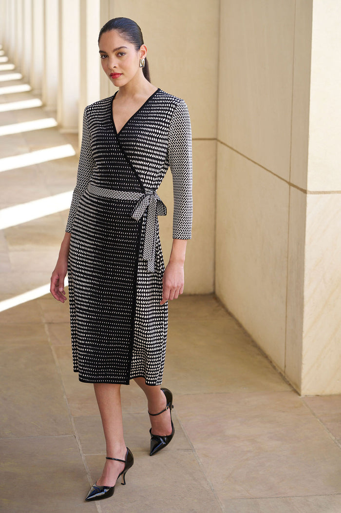 Monochrome Soft Knit Midi Wrap Dress, Black/Ivory | Ming Wang