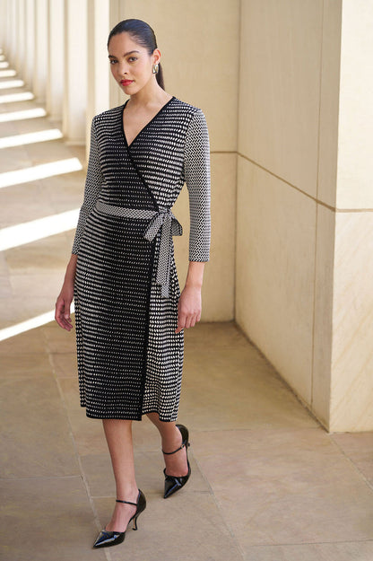 Monochrome Soft Knit Midi Wrap Dress, Black/Ivory | Ming Wang